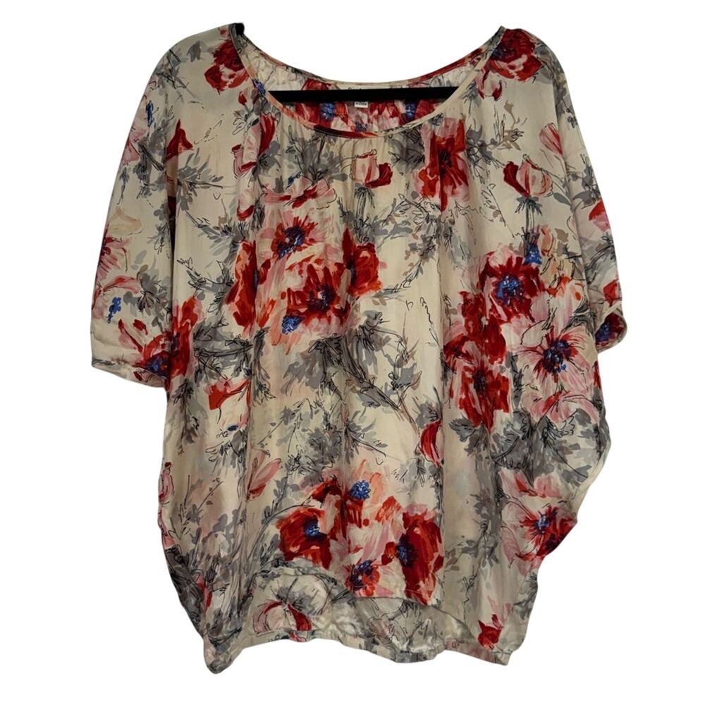 Cabi Cream & Red Floral Print Silk Blouse Womens S Oversized Flowy Romantic Top